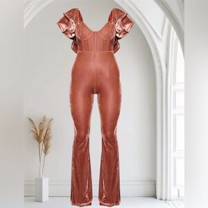 PrettyLittleThing CHOCOLATE VELVET LACE UP BACK FRILL SLEEVE JUMPSUIT Size 8